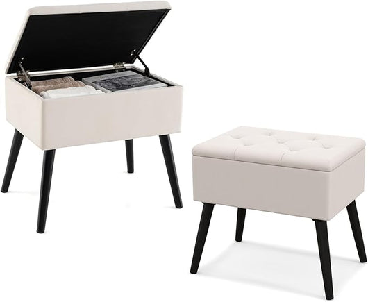 Sgabello da Toeletta con Contenitore, Pouf in Velluto con Gambe in Legno Massello & Seduta Imbottita per Cambio Scarpe, Poggiapiedi Moderno per Camera da Trucco, Ingresso (Beige)