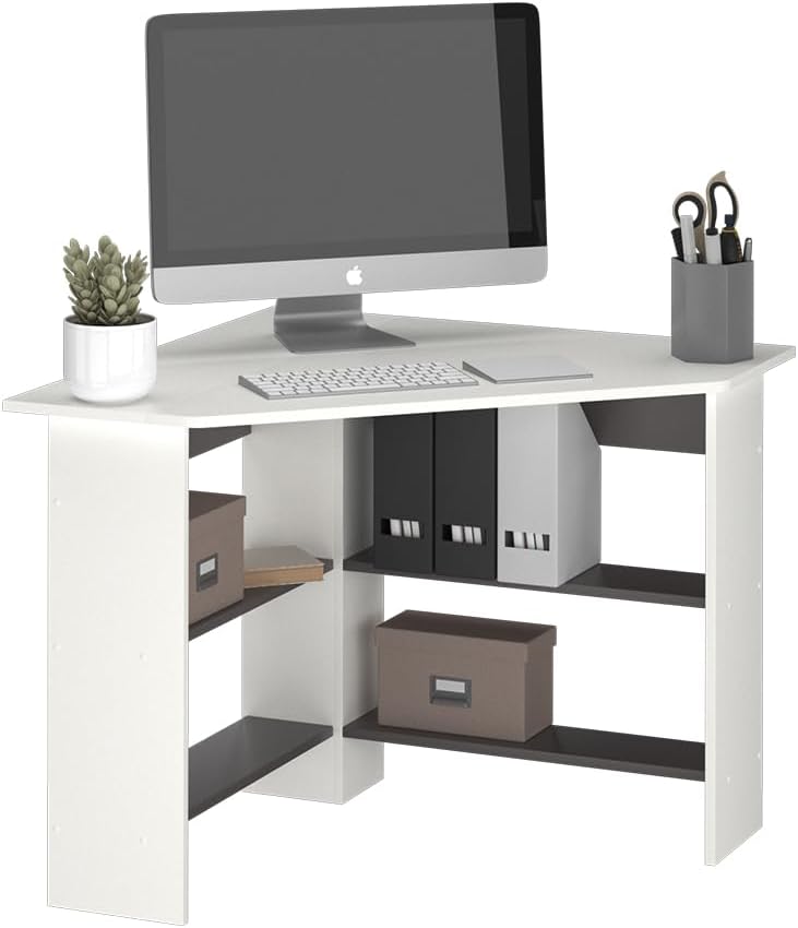 Scrivania angolare Arion, Bianco, 90 x 90 cm, per un utilizzo efficiente dello spazio con vani aperti