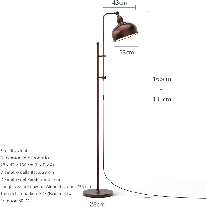 Lampada da Terra, Lampada a Stelo con Altezza e Paralume Regolabili, Finitura in Bronzo e Struttura in Metallo, Ideale per Soggiorno, Camera da Letto e Ufficio