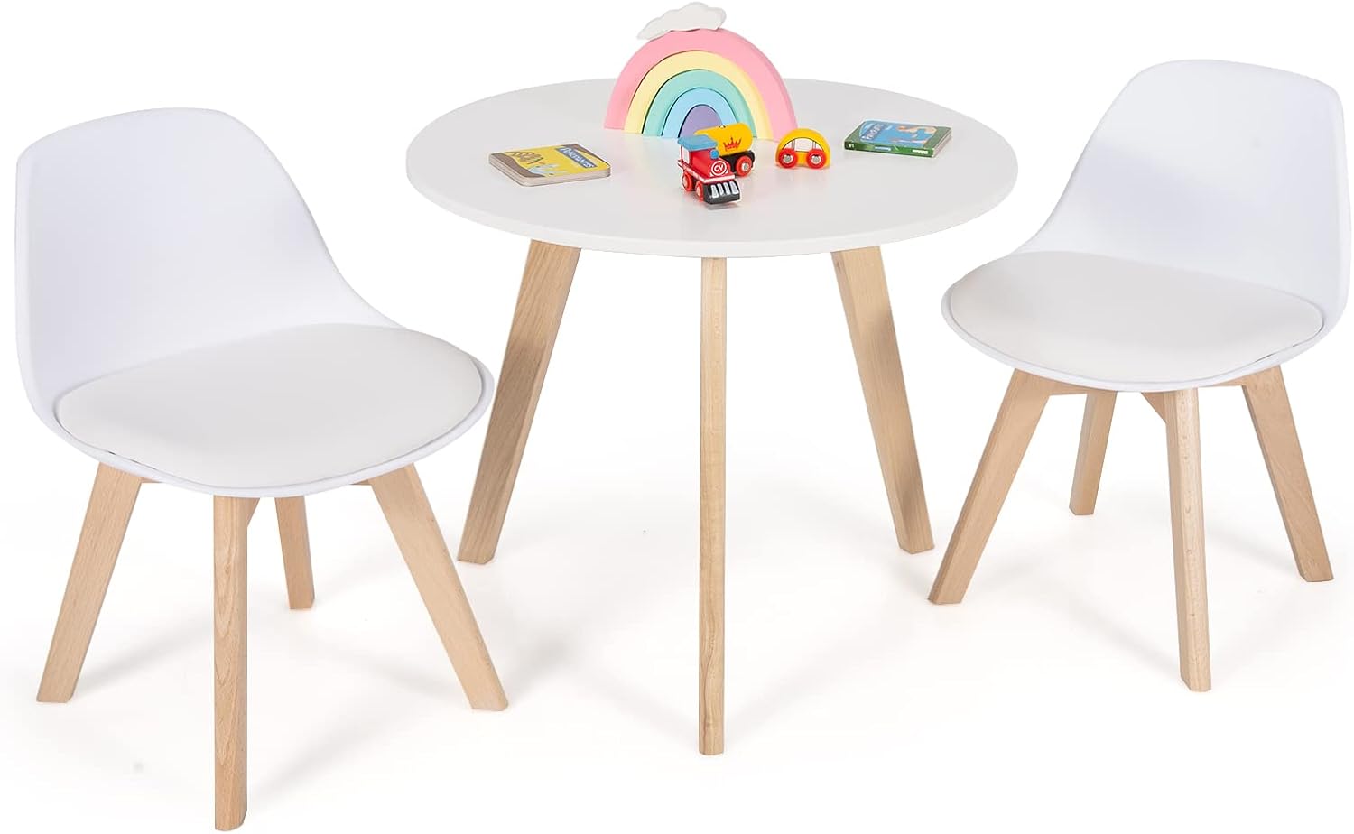 Set Tavolo e Sedie Bambini 3 Pezzi, Tavolino Rotondo per Bambini con 2 Sedie Imbottite, Mobili Cameretta per Bambini da 3 a 8 Anni