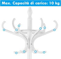 Attaccapanni da Terra Appendiabiti a piedi con 12 Ganci in Legno Ecologico, 51 x 51 x 184 cm (Bianco)
