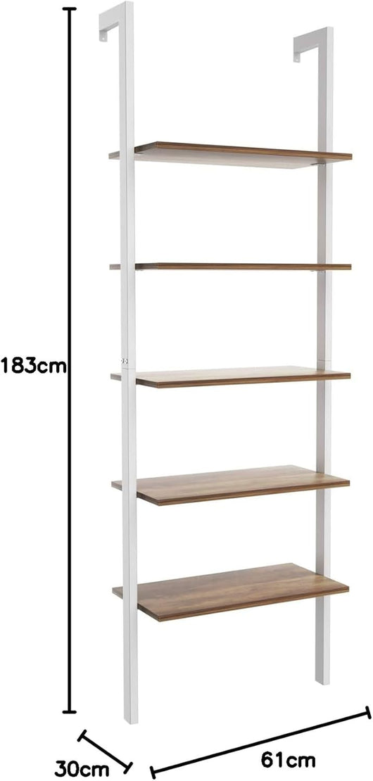 Scaffale a 5 Ripiani, Struttura in Tubo di Ferro e Listoni in Legno, Libreria a 5 Ripiani, Stile Industriale Retrò, per Soggiorno, Camera da Letto, Balcone, Ufficio, 61 x 30 x 183 cm (bianco)