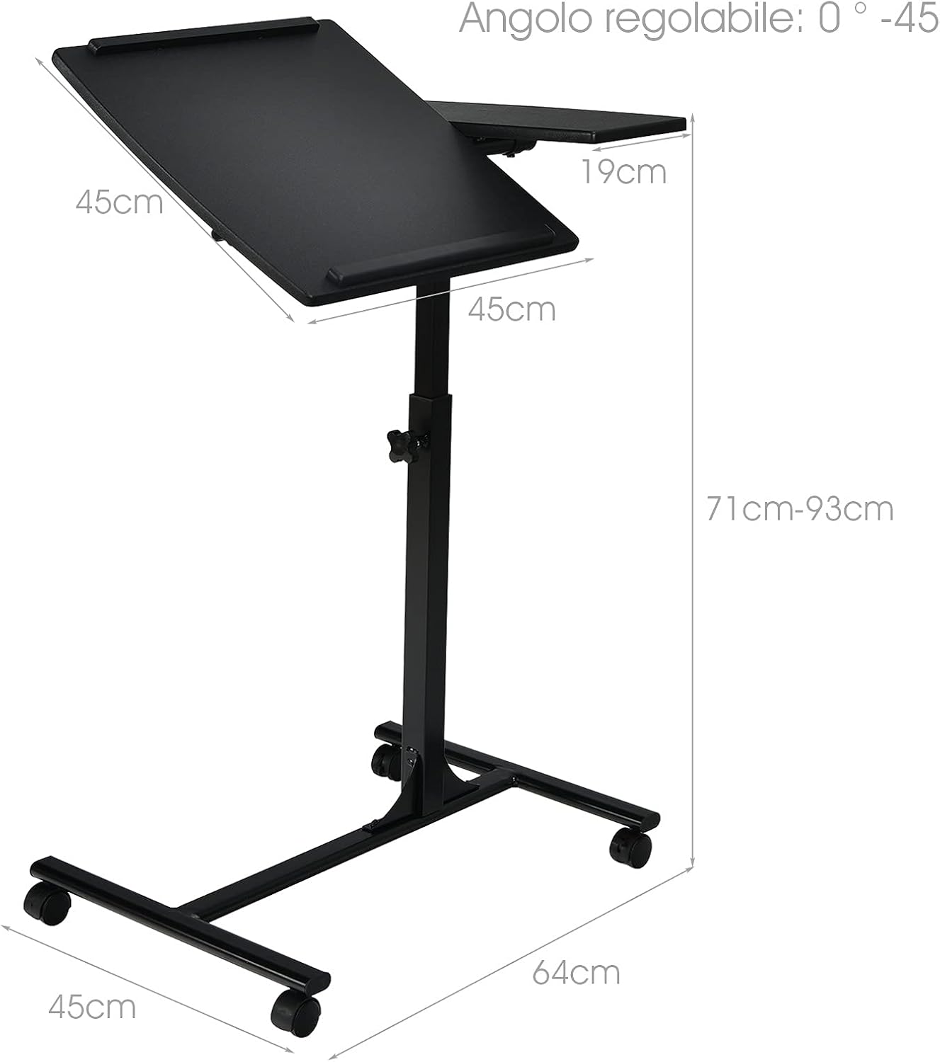 Tavolino Salotto Regolabile in Altezza e Inclinazione, Tavolo da Letto e da Divano con Ruote, Tavolino Porta PC Multiuso per Soggiorno e Camera da Letto, 64 x 45 x 71-93 cm (Nero)