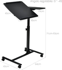 Tavolino Salotto Regolabile in Altezza e Inclinazione, Tavolo da Letto e da Divano con Ruote, Tavolino Porta PC Multiuso per Soggiorno e Camera da Letto, 64 x 45 x 71-93 cm (Nero)