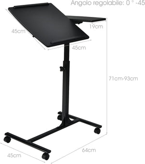 Tavolino Salotto Regolabile in Altezza e Inclinazione, Tavolo da Letto e da Divano con Ruote, Tavolino Porta PC Multiuso per Soggiorno e Camera da Letto, 64 x 45 x 71-93 cm (Nero)