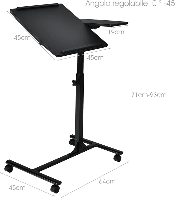 Tavolino Salotto Regolabile in Altezza e Inclinazione, Tavolo da Letto e da Divano con Ruote, Tavolino Porta PC Multiuso per Soggiorno e Camera da Letto, 64 x 45 x 71-93 cm (Nero)