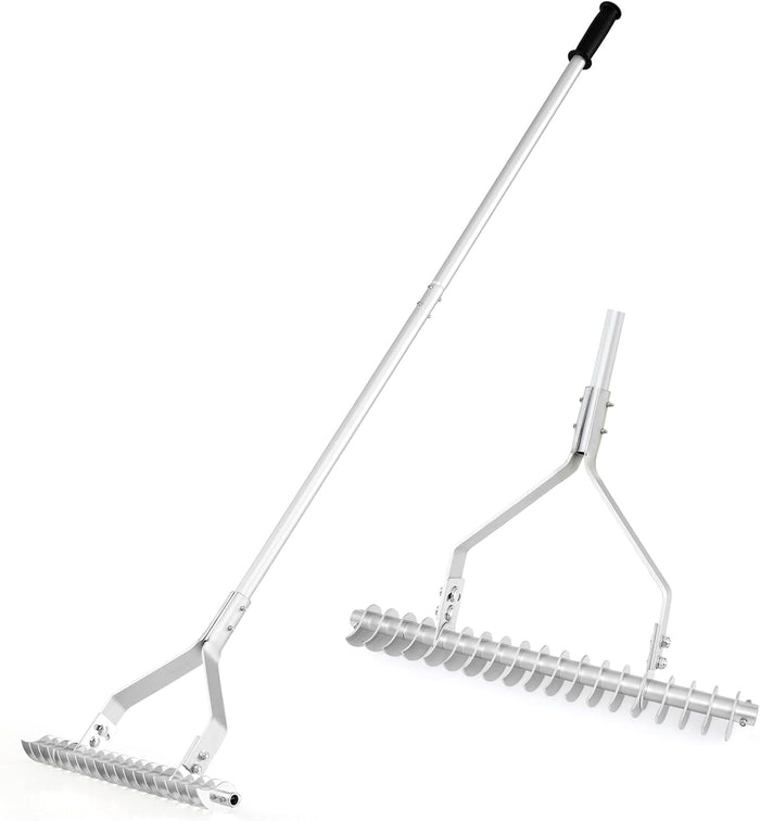 Arieggiatore per Prato 178 cm, Rastrello per Allentare Suolo da 50 cm in Alluminio con Manico Lungo e 19 Denti Curvi, Arieggiatore Manuale da Giardino e Cortile