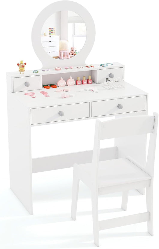 Set Toeletta Trucco per Bambina con Sedia a Schienane, Tavolo Trucco con Specchio Acrilico Rotondo, Postazione Trucco con 2 Cassetti Grandi e 2 Piccoli, per Bambine 3+ Anni, Bianco