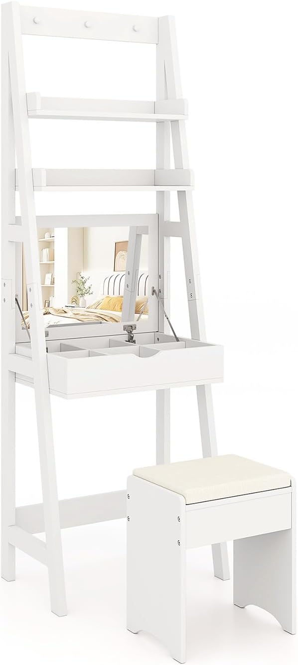 Toeletta Trucco con Specchio Occultabile, Set Tavolo e Sgabello da Trucco con 2 Ripiani, Tavolo da Trucco con Specchio Ribaltabile, Ganci, Ripiani e Sgabello Imbottito (Bianco)