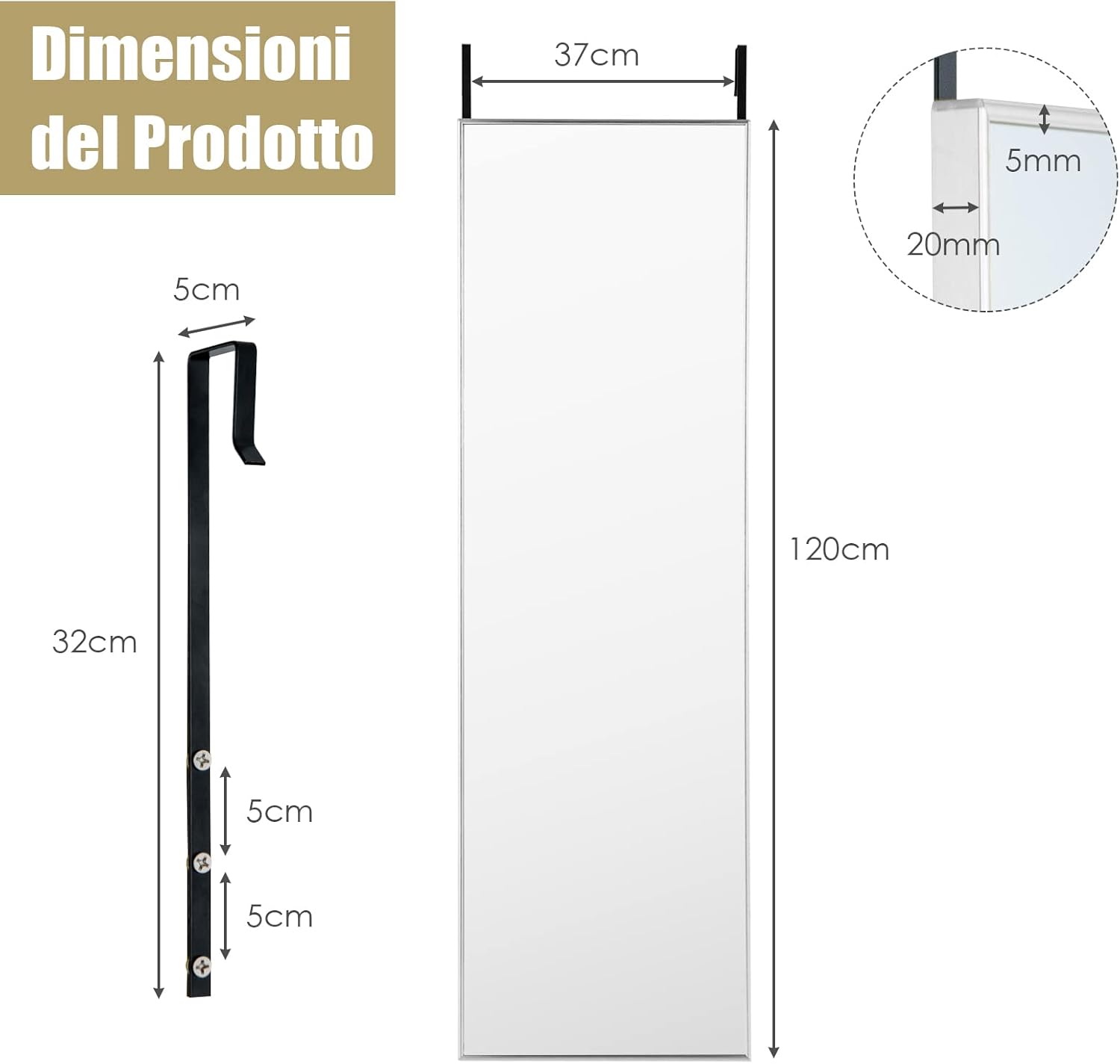 Specchio da Parete Lungo, Specchio da Terra Appendere con Cornice in Lega di Alluminio e Ganci, Per Camera da Letto e Soggiorno, 120 x 37 cm (Argento)