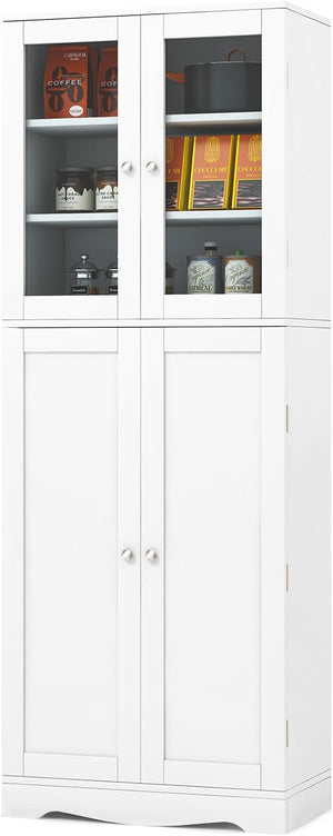 Credenza da Cucina, Dispensa da Cucina con Doppia Porta in Vetro Temperato, Design Antiribaltamento, Ideale per Soggiorno Sala da Pranzo e Cucina, 60x31,5x161,5 cm (Bianco)