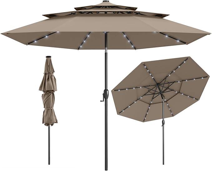 Ombrellone da Patio 313 cm con 32 Luci LED, Tetto Ventilato a 3 Piani, Inclinazioni Regolabili, Manovella, 8 Stecche, Ombrellone da Giardino, Piscina, Spiaggia