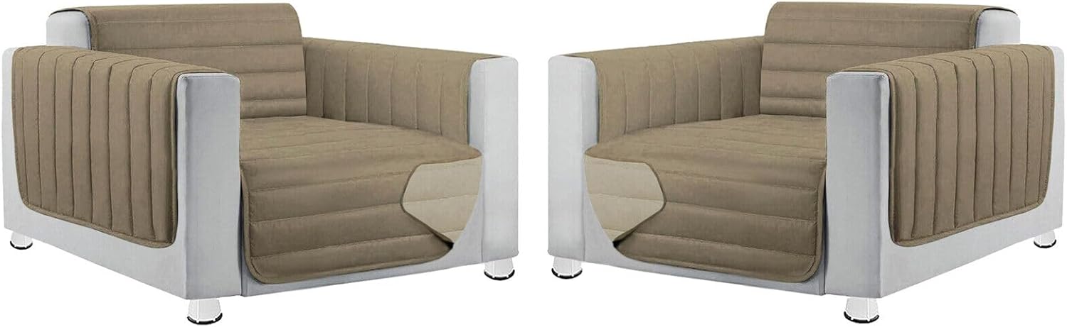 Coppia Set 2 Pezzi Copripoltrona Universale Imbottito Morbido Double Face Elegante Tortora