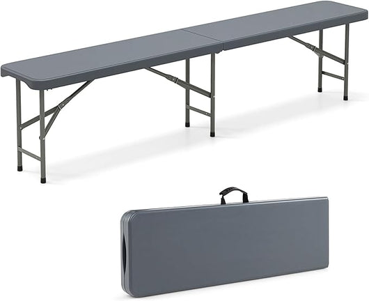 Panca Pieghevole in Plastica 180 cm, Sedile Portatile con Manico e Blocco, Panca da Campeggio in HDPE Rinforzato, per Giardino Campeggio Picnic, Portata 300 kg (Grigio)