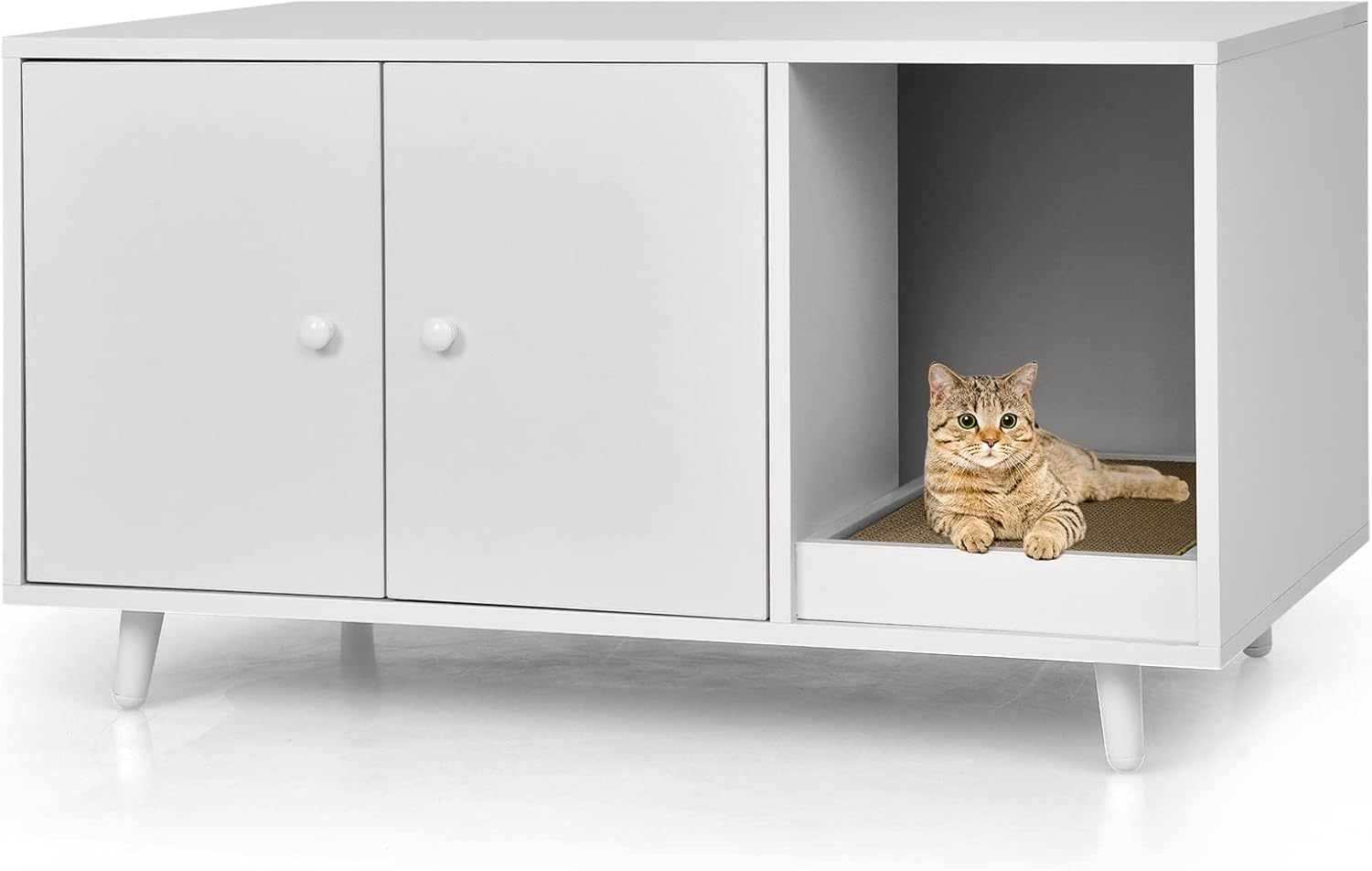 Mobile per Lettiera per Gatti 90 x 50 x 50 cm, Cassetta Igienica per Gatti con Doppia Anta, Divisore, Ingresso Avvolgibile, Tiragraffi e Gambe di Metallo Solido (Bianco)