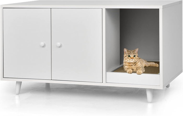 Mobile per Lettiera per Gatti 90 x 50 x 50 cm, Cassetta Igienica per Gatti con Doppia Anta, Divisore, Ingresso Avvolgibile, Tiragraffi e Gambe di Metallo Solido (Bianco)