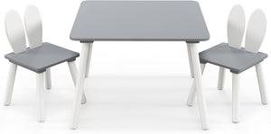Tavolo Bambini con Sedie, Set Tavolo e Sedie in Legno per Bambini 3-6 anni con Schienale a Forma di Coniglio, Tavolino con Sedie per Giocare, Disegnare e Leggere, Capacità di 40 kg (Grigio)