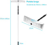 Rastrello da neve per tetti e Auto, telescopico e allungabile da 200 cm a 630 cm, pala da neve in alluminio, per vari occasioni, maniglia antiscivolo, con chiusura, bianco argenteo