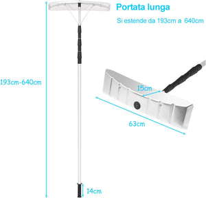 Rastrello da neve per tetti e Auto, telescopico e allungabile da 200 cm a 630 cm, pala da neve in alluminio, per vari occasioni, maniglia antiscivolo, con chiusura, bianco argenteo
