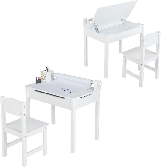 Set Tavolo e Sedia D'arte per Bambini, Scrivania da Disegno per 3 Anni con Portarotolo e Piano Ribaltabile, Vano Portaoggetti, Rotolo di Carta e Pennarelli, 60 x 40 x 58 cm (Bianco)