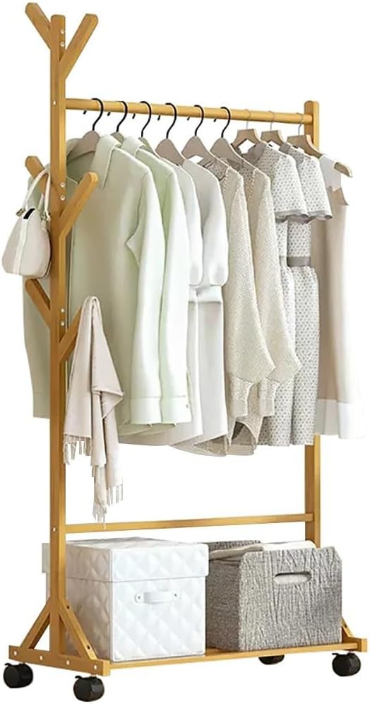 Appendiabiti in bambù su Ruote, Appendiabiti con portascarpe, Appendiabiti Resistente su Ruote, Appendiabiti per Camera da Letto, Appendiabiti per Camera da Letto