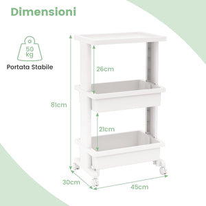 COSYTWAY Carrello da Cucina a 3 Piani, Carrello Portaoggetti in Plastica con Ruote Bloccabili, con Piano d'Appoggio, Carrello da Servizio Multifunzionale per Ufficio Cucina