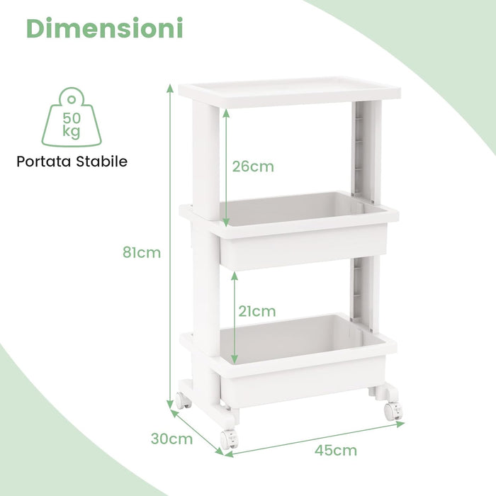 COSYTWAY Carrello da Cucina a 3 Piani, Carrello Portaoggetti in Plastica con Ruote Bloccabili, con Piano d'Appoggio, Carrello da Servizio Multifunzionale per Ufficio Cucina