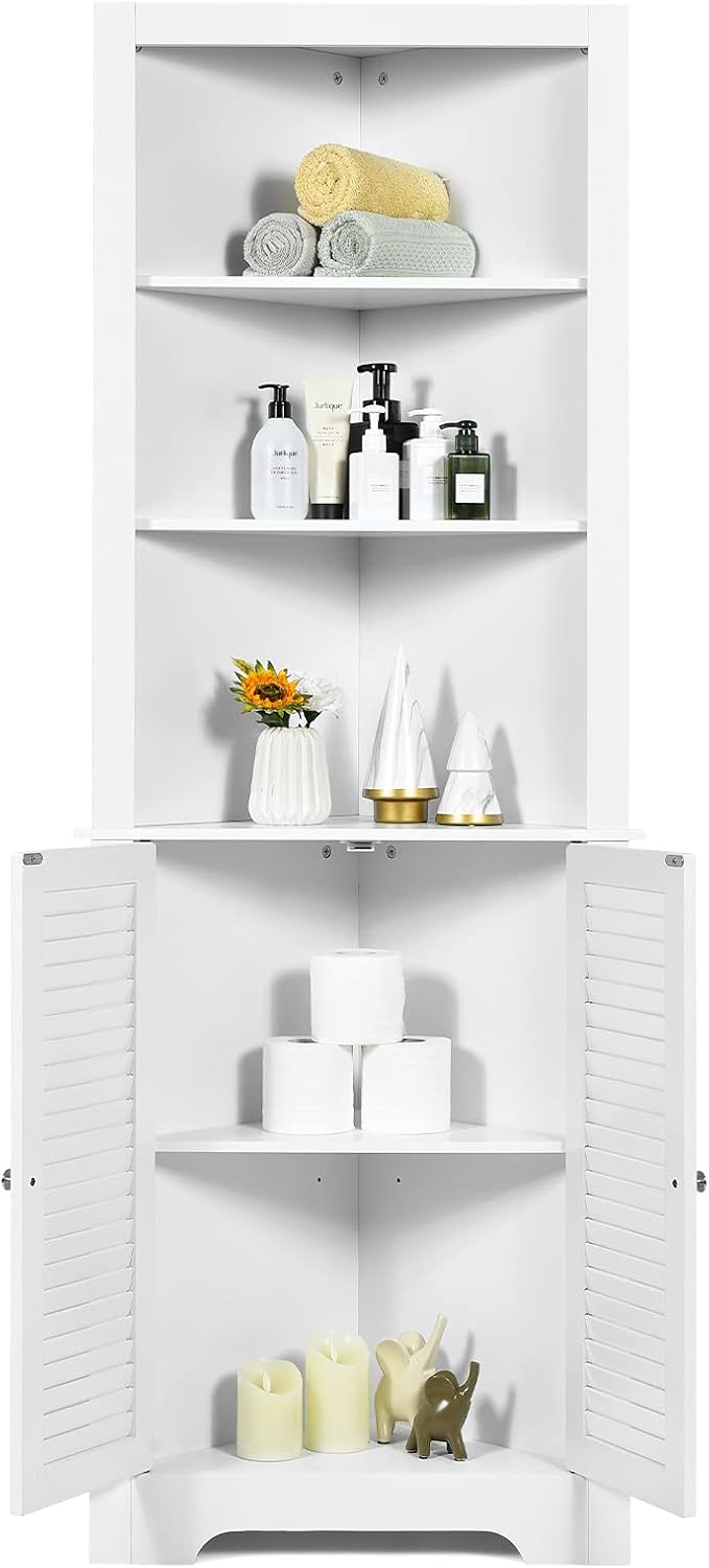 Armadio Angolare 60 x 44,5 x 173 cm, Mobile Angolare con 3 Ripiani Aperti e 2 Ante, Mobiletto Bagno Salvaspazio per Ingresso, Cucina e Salotto