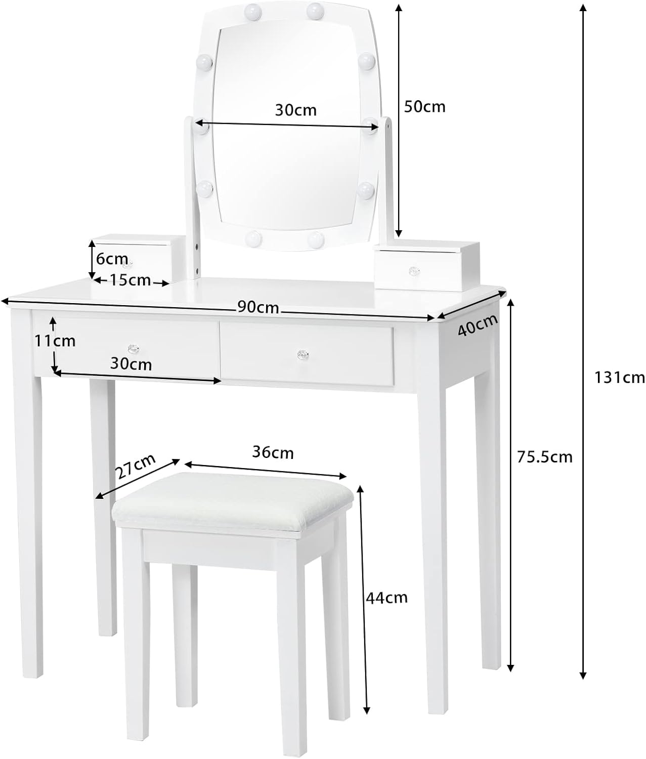 Set Toeletta da Trucco, Tavolo da Trucco e Sgabello con 4 Cassetti, con Specchio Illuminato Girevole a 360°, 10 Luci LED Dimmerabili, Set Tavolo Toeletta per Camerino Camera da Letto