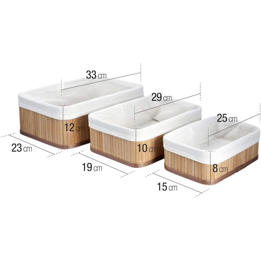 SET 3 CESTINI PORTA OGGETTI IN BAMBU' FODERA INTERNA RETTANGOLARI VERDELOOK 12/111