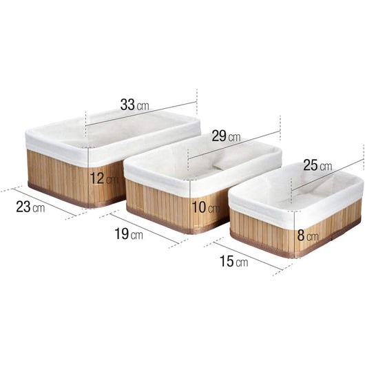 SET 3 CESTINI PORTA OGGETTI IN BAMBU' FODERA INTERNA RETTANGOLARI VERDELOOK 12/111
