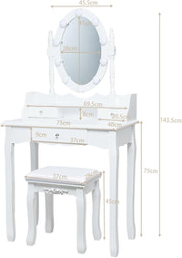 Toeletta da Trucco, Set Tavolo e Sgabello da Trucco, Specchio con 10 Luci LED, Toeletta Multifunzionale con 3 Cassetti, Specchio Rotante a 360?, Postazione Make-up Moderno (Bianco)