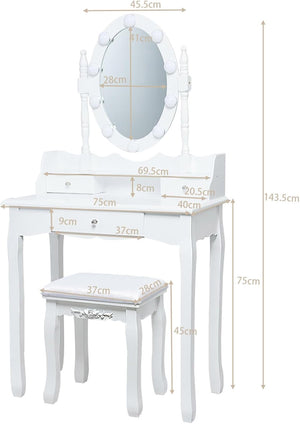Toeletta da Trucco, Set Tavolo e Sgabello da Trucco, Specchio con 10 Luci LED, Toeletta Multifunzionale con 3 Cassetti, Specchio Rotante a 360?, Postazione Make-up Moderno (Bianco)