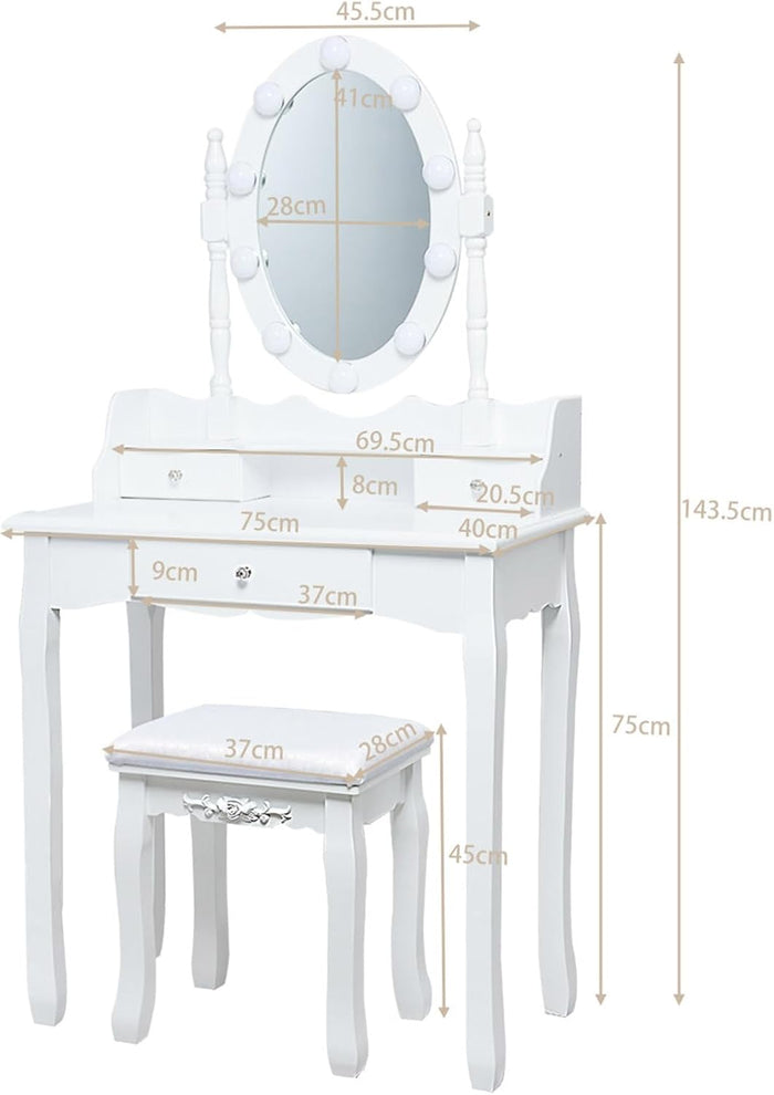 Toeletta da Trucco, Set Tavolo e Sgabello da Trucco, Specchio con 10 Luci LED, Toeletta Multifunzionale con 3 Cassetti, Specchio Rotante a 360?, Postazione Make-up Moderno (Bianco)