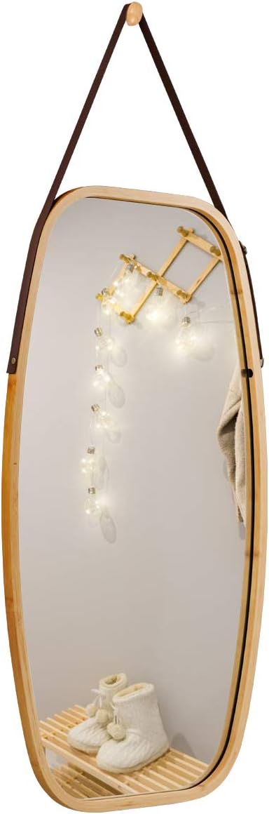 Specchio Ovale da Parete, Specchio Sospeso per Appendere, Cornice in bambù, Moderno, per Bagno Camera da Letto Soggiorno (77 x 44 x 1,5 cm)