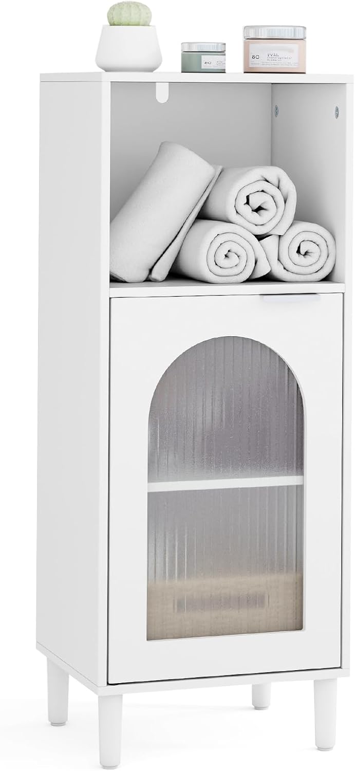 Armadietto da Bagno 35 x 30 x 90 cm, Mobiletto Bagno Salvaspazio in Legno con Anta in Vetro Temperato e Ripiano Regolabile, Colonna Salvaspazio per Corridoio, Soggiorno e Cuccina