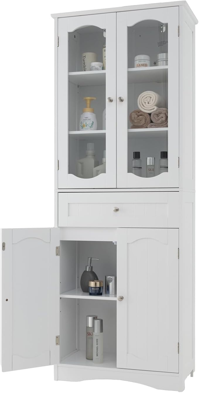 Armadietto Salvaspazio 60 x 30 x 160cm, Mobile Bagno con 2 Ripiani Regolabili, Cassetto e 2 Porte in Vetro Temprato, Armadio da Bagno per Ufficio, Soggiorno e Camera da Letto, Bianco