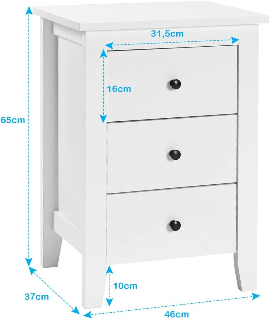 Comodino con 3 Cassetti, Cassettiera da Letto, Tavolino Spazioso con Struttura Resistente, per Salone e Camera da Letto, 46 x 37 x 65 cm (Bianco, 2 pezzo)