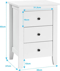 Comodino con 3 Cassetti, Cassettiera da Letto, Tavolino Spazioso con Struttura Resistente, per Salone e Camera da Letto, 46 x 37 x 65 cm (Bianco, 2 pezzo)