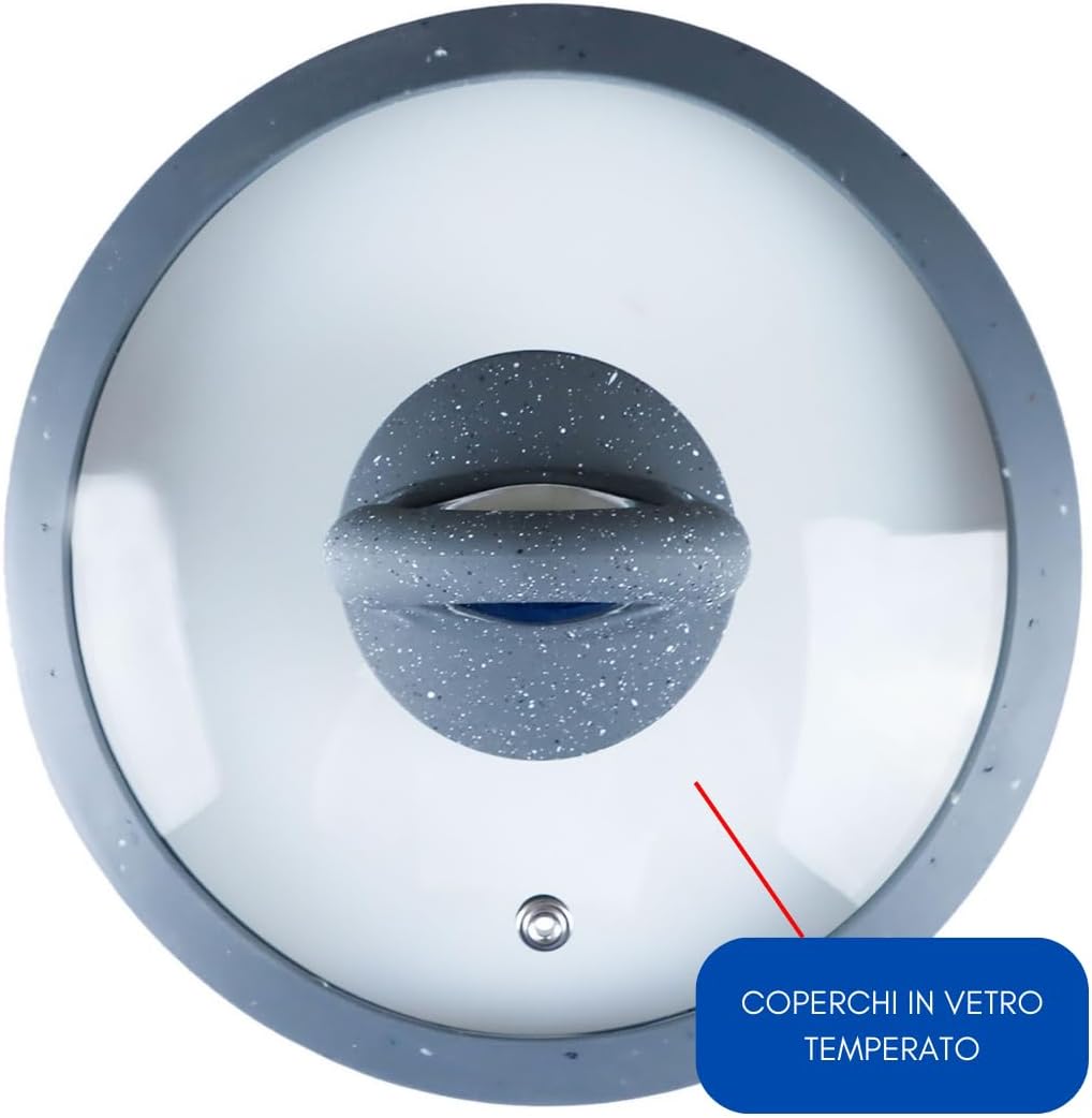 Set di Padelle con Coperchi 12 Pezzi, Induzione Manico Resistente al Calore, Granito e Marmo, Padelle Antiaderente, 20/24/28/32 cm + 4 Mestoli Inclusi.