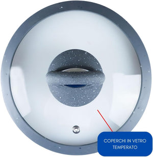 Set di Padelle con Coperchi 12 Pezzi, Induzione Manico Resistente al Calore, Granito e Marmo, Padelle Antiaderente, 20/24/28/32 cm + 4 Mestoli Inclusi.