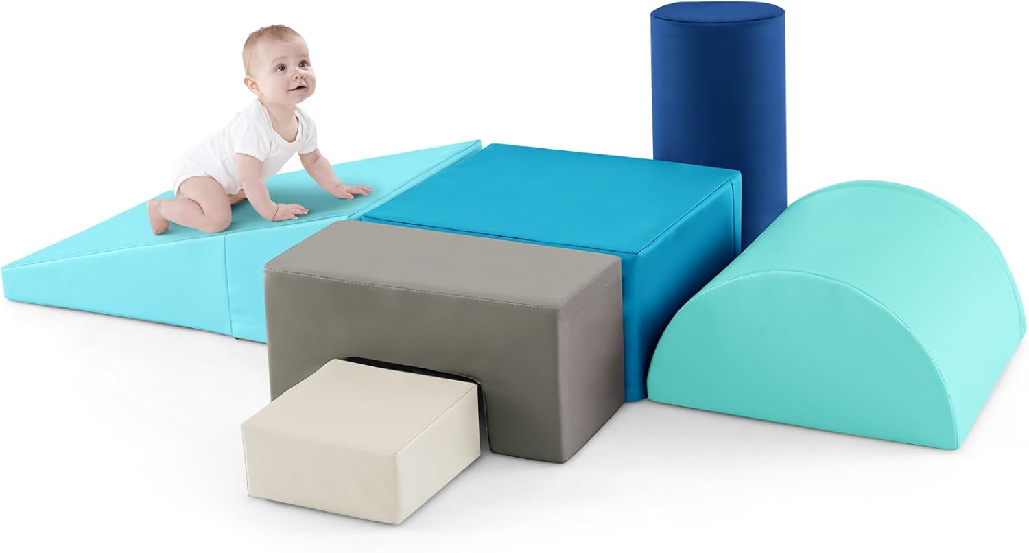 Set di 6 Blocchi per Bambini con Diverse Forme e Colori, Centro Attivit¨¤ Palestrina Giocattolo per Arrampicata e Strisciamento (Blu chiaro)