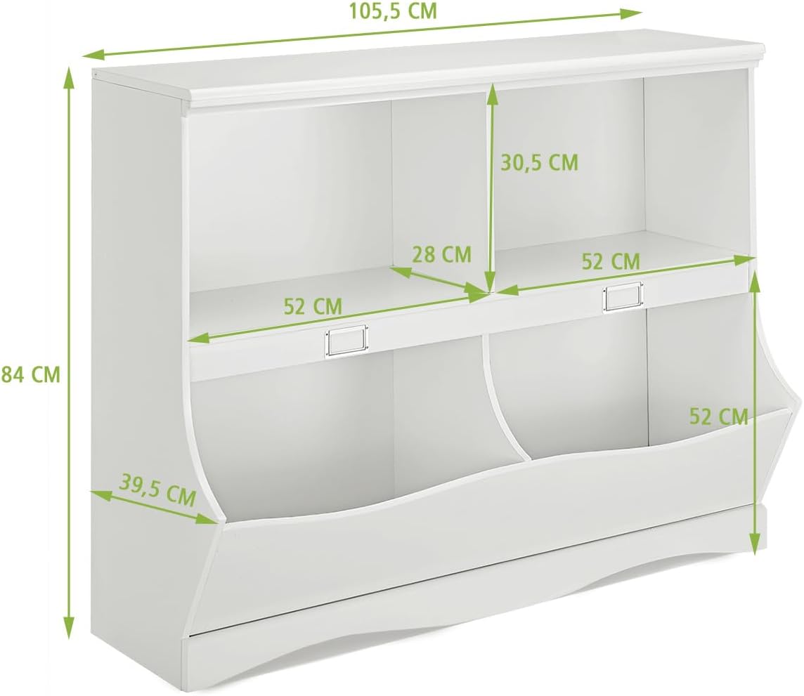 Mobile Porta Giocattoli e Libri in Legno, Libreria per Bambini in Legno con 4 Scomparti, Libreria Multiuso per Bambini da Cameretta, 105 x 39,5 x 83,5 cm, Bianco