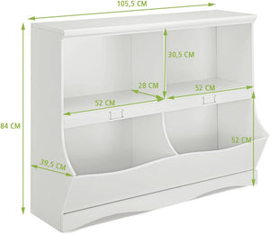 Mobile Porta Giocattoli e Libri in Legno, Libreria per Bambini in Legno con 4 Scomparti, Libreria Multiuso per Bambini da Cameretta, 105 x 39,5 x 83,5 cm, Bianco