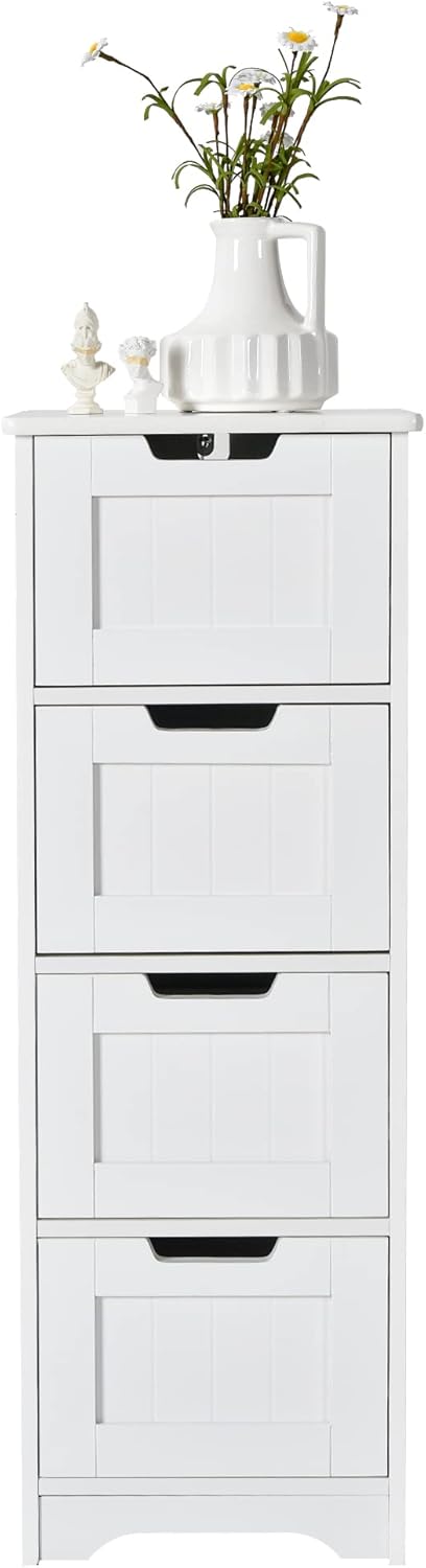 Mobile da Bagno con 4 Cassetti, Mobile Autoportante da Terra per Bagno, Mobiletto Multiuso da Soggiorno Cucina Camera da Letto Ufficio, Stile Moderno, Bianco, 30 x 30 x 83 cm