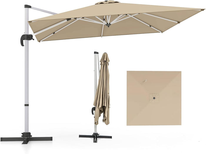 Ombrellone da Giardino 300 cm, Ombrellone Quadrato da Esterno con Rotazione a 360°, Inclinazione Regolabile, Base a Croce, 8 Stecche (Beige, 300 x 300 x 261 cm)