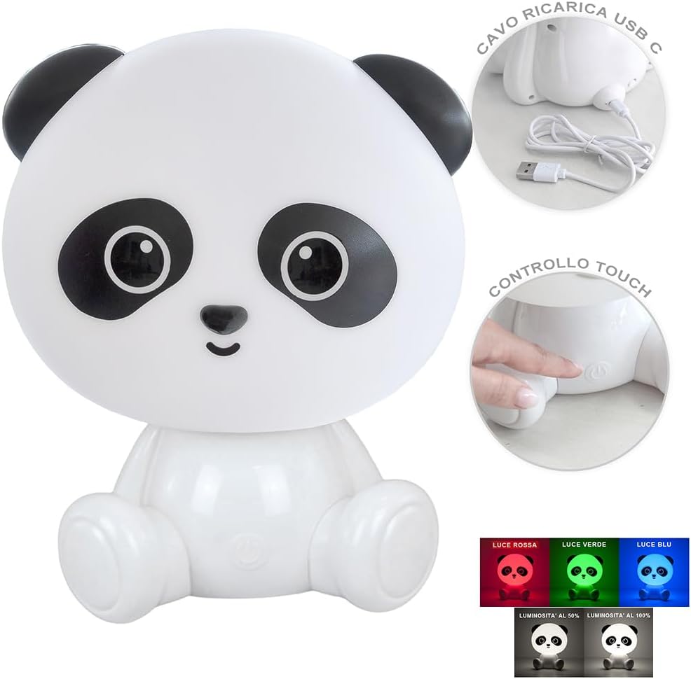 Lampada Touch Led Panda Regolabile Abat Jour Cameretta Comodino Bambini No Fili Ricarica Usb Bianco