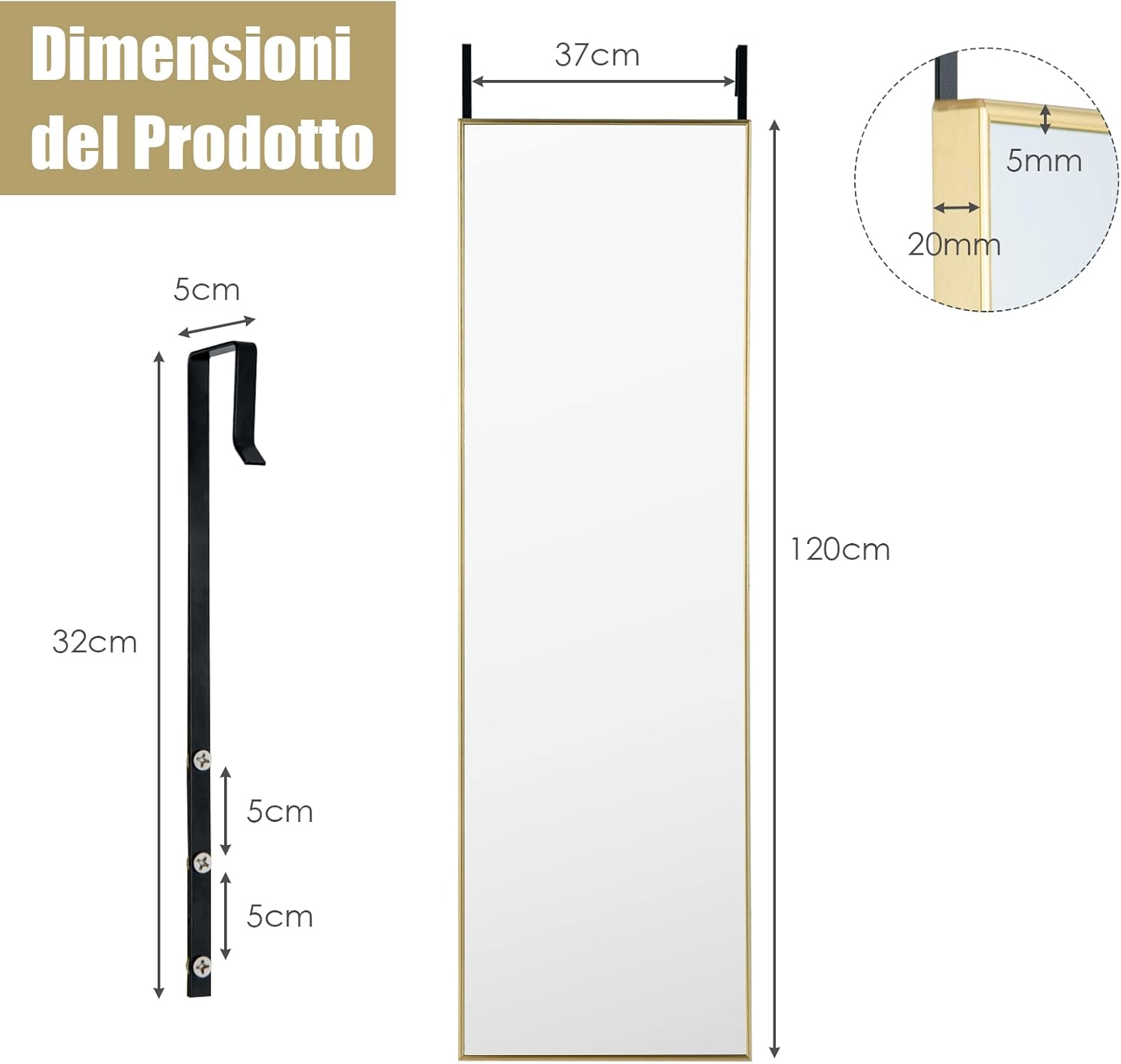 Specchio da Parete Lungo, Specchio da Terra Appendere con Cornice in Lega di Alluminio e Ganci, Per Camera da Letto e Soggiorno, 120 x 37 cm (Oro)