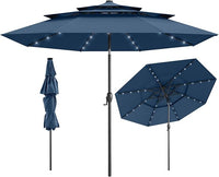 Ombrellone da Patio 313 cm con 32 Luci LED, Tetto Ventilato a 3 Piani, Inclinazioni Regolabili, Manovella, 8 Stecche, Ombrellone da Giardino, Piscina, Spiaggia