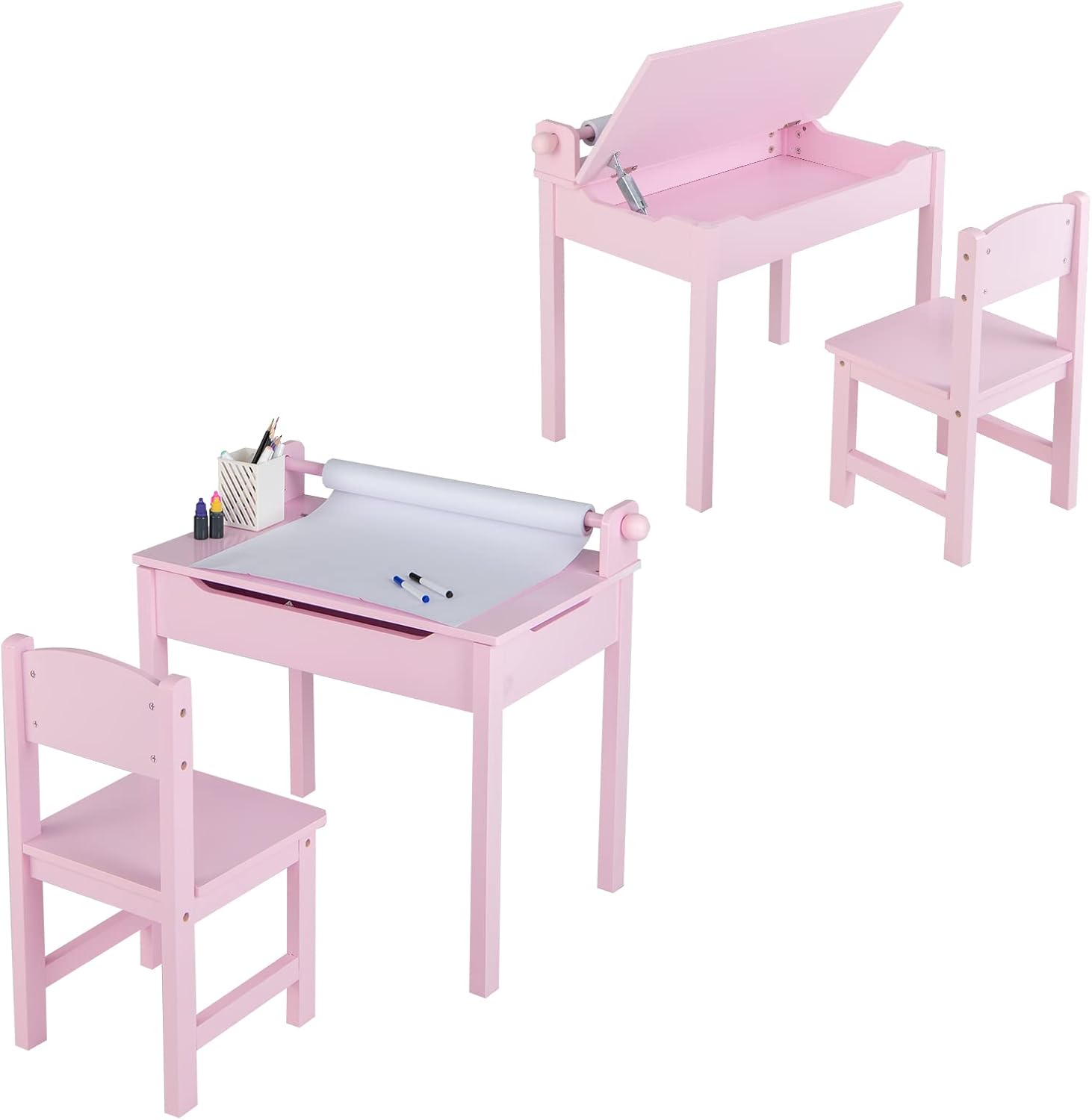 Set Tavolo e Sedia d’Arte per Bambini 3+ Anni, Scrivania in Legno di Pino da Disegno con Portarotolo, Piano Ribaltabile & Vano Portaoggetti, Rotolo di Carta (10m) e 2 Pennarelli (Rosa)